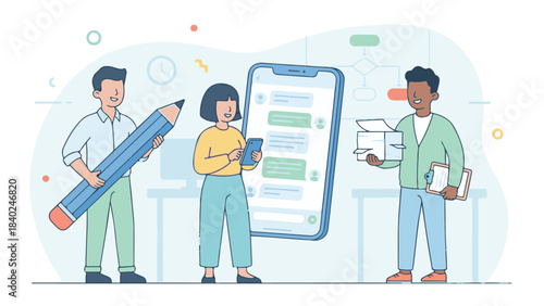 Business team collaborating on projects with mobile technology, documents, and creativity