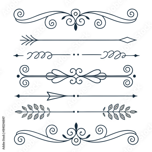 Cute Hand drawn big vintage flower ornament text dividers, arrows, flourishes and laurel vector design elements set for decoration