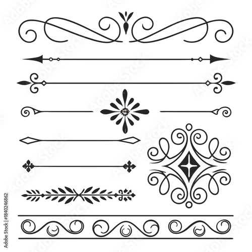 Cute Hand drawn big vintage flower ornament text dividers, arrows, flourishes and laurel vector design elements set for decoration