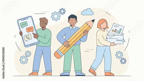 Business team collaborating with smartphone, pencil, and documents in flat design