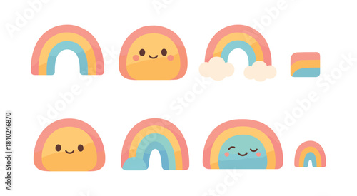 Rainbow characters, cute faces and clouds, flat vector illustration