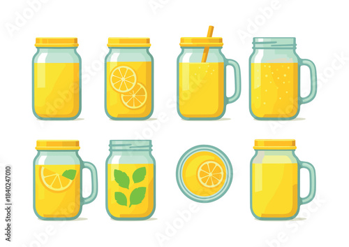 Lemonade jar collection, citrus drink styles, glasses, flat vector illustration