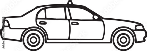 Black and white line drawing of a sedan taxi car side view vehicle transportation