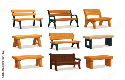 Outdoor seating options, flat vector illustration, benches, chairs, wooden structures