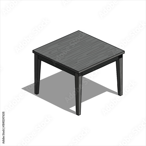 An isometric view of a dark grey, square-shaped outdoor patio table