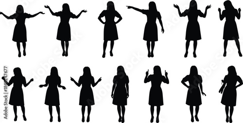 Female gesture silhouette set, expressive body language poses, black figure illustration, nonverbal communication icons, animation and design reference graphic