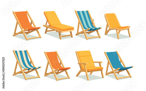 Beach chairs set, recliners, deck chairs, flat vector illustration