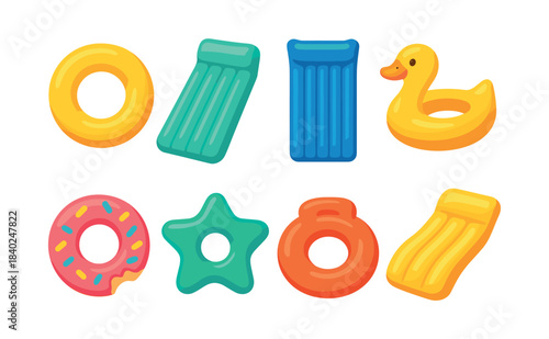 Pool float collection, donuts, duck, star, flat vector illustration