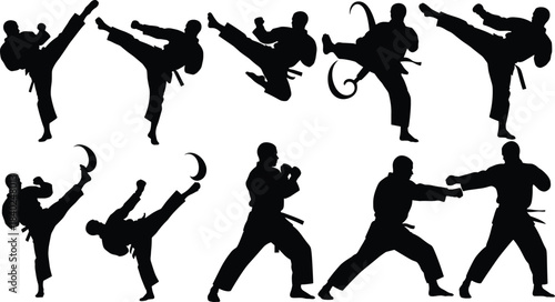 Martial arts silhouette set, dynamic kicking and punching poses, black combat figure icons, discipline and agility concept illustration