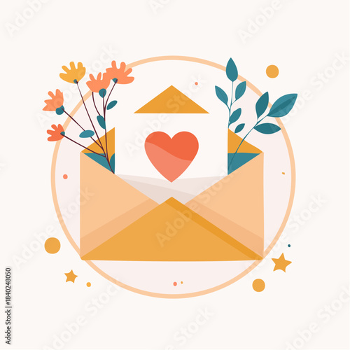 Romantic Love Letter with Heart and Flowers Inside an Envelope, Celebrating Valentine's Day or a Special Occasion with Affection and Warmth
