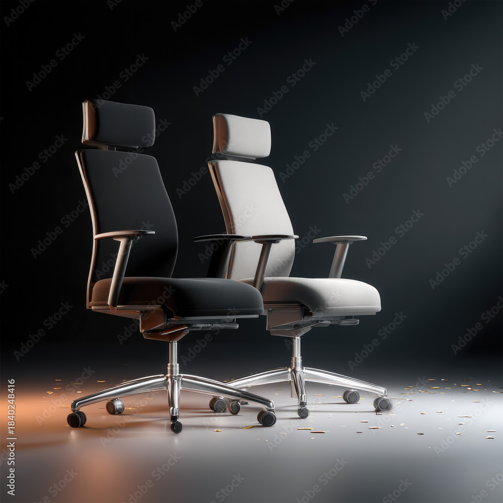 Obraz premium Two modern ergonomic office chairs with headrests and armrests on wheels, black and white color, studio lighting, professional workspace