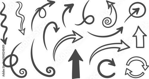 Assorted hand-drawn arrow shapes and symbols on white background Keywords: arrow, direction, pointer, symbol