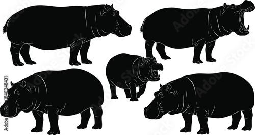 Hippopotamus Silhouettes Set, Hippo Standing and Roaring Black Vector Icons, African Wildlife, Mammal, Safari, Zoo, Big\