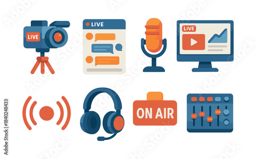 Broadcast equipment, live streaming elements, microphone, flat vector illustration