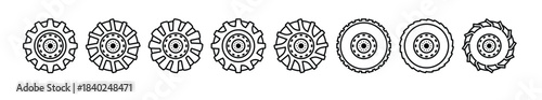 Black and white tractor tire silhouette with tread and inner lines. Continuous single line drawing of a heavy-duty front wheel loader with a toothed bucket. vector illustration.