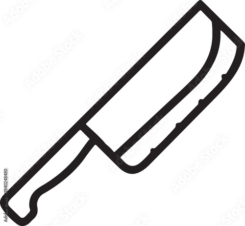Black outline cleaver knife with curved blade on white background kitchen cooking