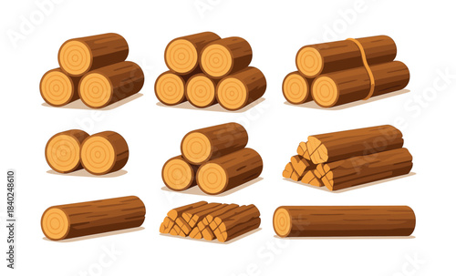 Wood log bundles, firewood, lumber, flat vector illustration with wooden textures