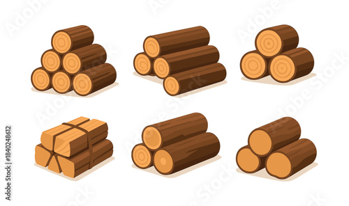 Wood log bundles, firewood, lumber, flat vector illustration with wooden textures
