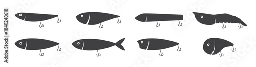 Fishing tackle elements icon set, hooks, lures, and bobber. Various fish and hooks icons in black and blue on white background, vector illustrations.