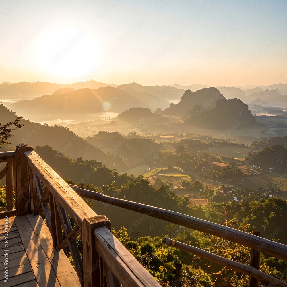 Obraz premium Sunrise view from mountaintop deck