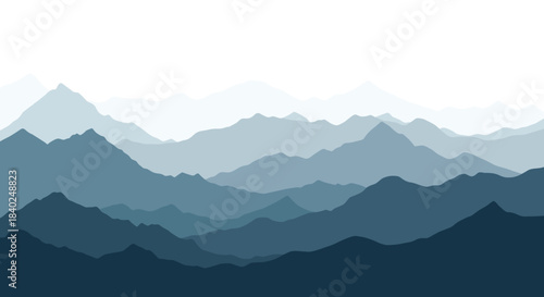 Abstract illustration featuring a serene mountain landscape with multiple layers of peaks rendered in varying shades of blue, creating a deep atmospheric perspective.