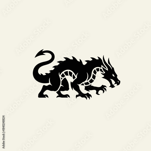 Black silhouette of a stylized mythical dragon with horns, claws, and a long tail, depicted on a light, neutral background.