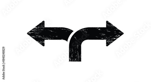 A textured black arrow forks into two directions, left and right, representing a decision point, a split path, or an important choice.
