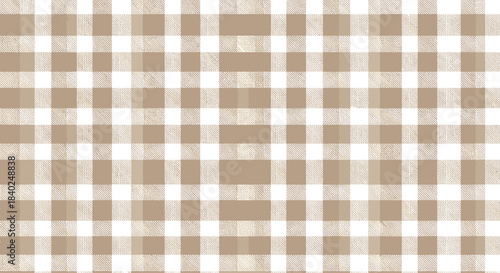 Seamless tan and white gingham plaid pattern with a subtle woven fabric texture, ideal for rustic or country-themed designs.