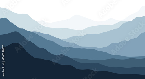 Abstract blue mountain landscape featuring a serene and layered view with atmospheric perspective, evoking a sense of tranquility.
