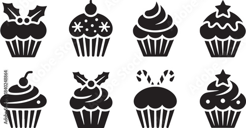 Christmas Cupcake Icons Set with Festive Decorations holiday sweet