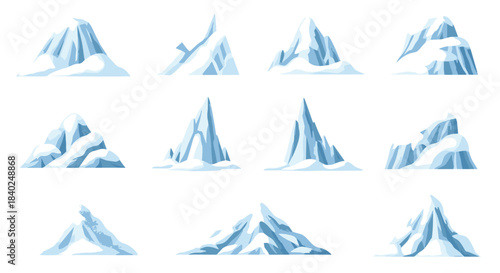 A collection of stylized snow-capped mountains and jagged ice formations, suitable for game assets or winter-themed graphic design projects.