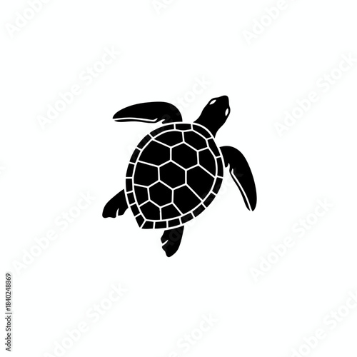 A black silhouette of a sea turtle swimming with its flippers extended.