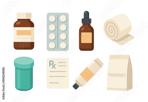 Pharmacy essentials flat vector illustration, medicine, pills, and bottles