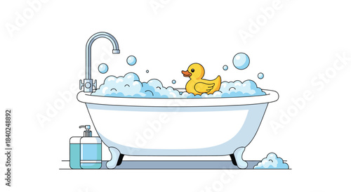 A simple illustration of a white clawfoot bathtub filled with water and suds, featuring a yellow rubber duck and a chrome faucet.