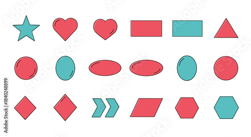 A collection of simple, flat, red and teal geometric and common shapes with outlines, perfect for design elements or icons.