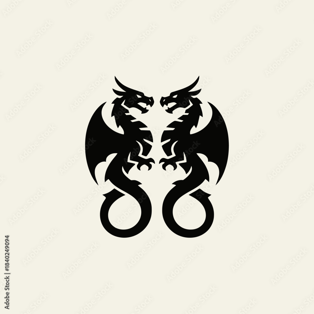 Fototapeta premium Two black mythical dragons facing each other in a symmetrical, minimalist design on a light background.