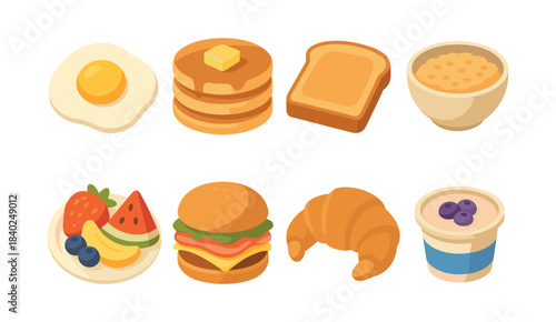 Breakfast food selection, eggs, waffles, toast and yogurt, flat vector illustration