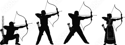 rcher Silhouettes Collection, Male and Female Figures with Bows, Archery Sport Vector Set, Aiming, Shooting, Competition, Tournament, Target Practice