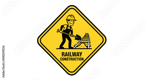 Railway Construction Cautionary Sign Depicting A Worker Digging Near Train Tracks