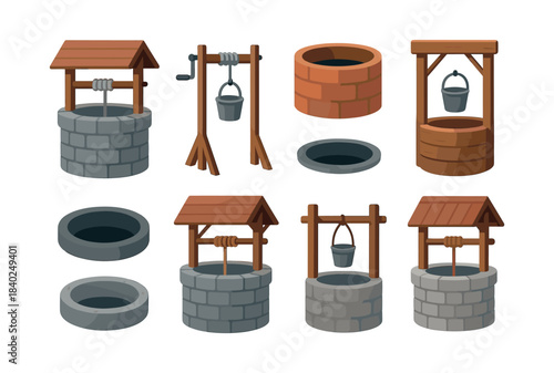 Water well collection, flat vector illustration with buckets and bricks