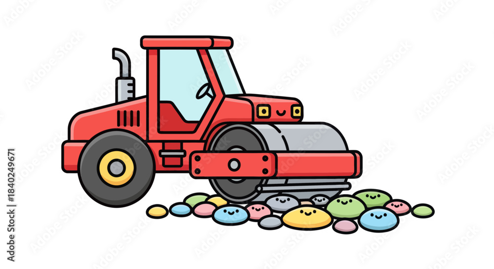 Fototapeta premium Road Roller Compacting Cute Colored Rocks Cartoon Illustration On White Background