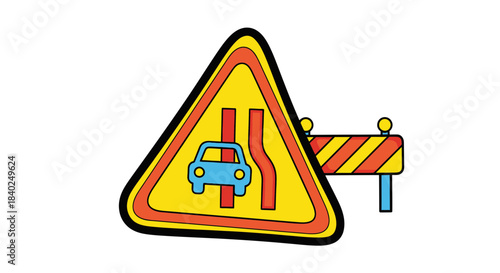 Road Narrowing Caution Sign Illustrative Design With Cautionary Barricade Visual