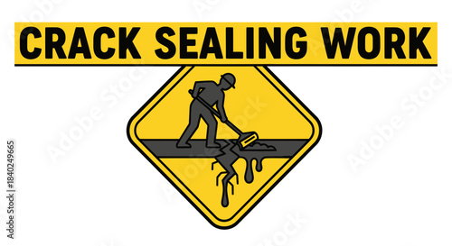 Road Repair and Crack Sealing Work Sign Featuring Construction Worker
