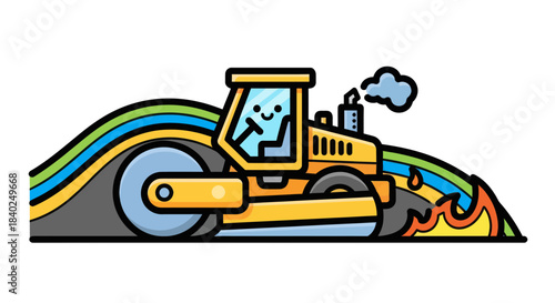 Road Roller Creating A Colorful New Path With Happy Worker Illustration Design