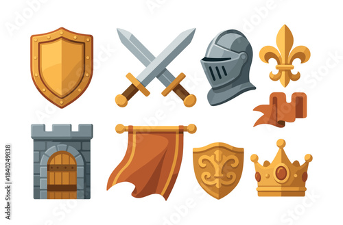 Medieval icons set, flat vector illustration with shields, swords, and helmets