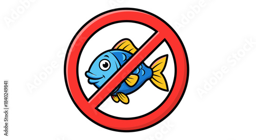 Prohibition Symbol Depicting A Cartoon Fish, Signifying Restriction And Denial
