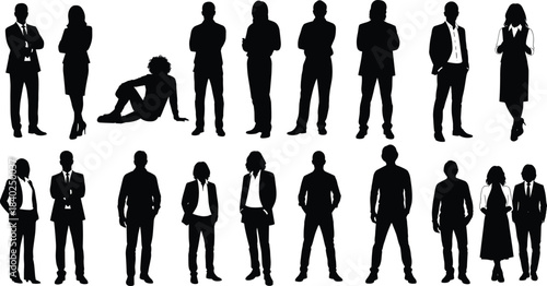 Business people silhouette vector collection showing professional poses, formal standing figures, teamwork concepts, office characters, and corporate illustration elements for workplace design 