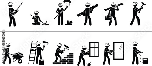 Construction worker silhouette vector set showing various building tasks, tools, equipment, painting, lifting, and repair activities for industrial themes, labor concepts, and project illustrations