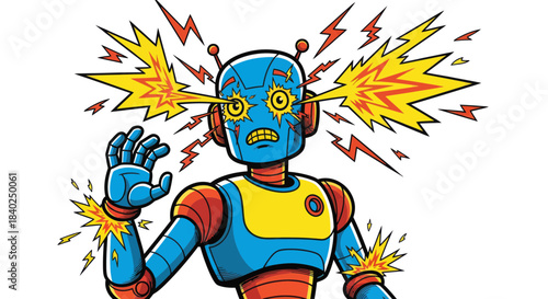 Robot Experiencing Overload With Blasting Eyes, Hand, And Electrical Surges Illustration