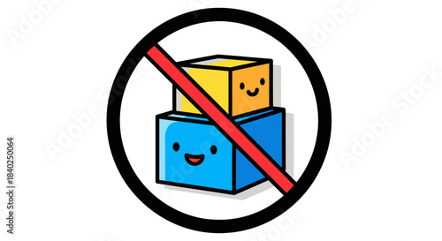Prohibition Symbol Depicting Cheerful Cubes, Suggesting Restrictions of Joyful Elements